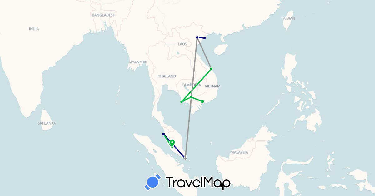 TravelMap itinerary: driving, bus, plane in Cambodia, Malaysia, Singapore, Vietnam (Asia)