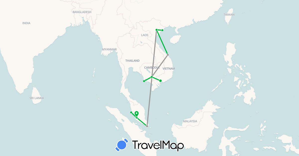 TravelMap itinerary: driving, bus, plane in Cambodia, Malaysia, Singapore, Vietnam (Asia)